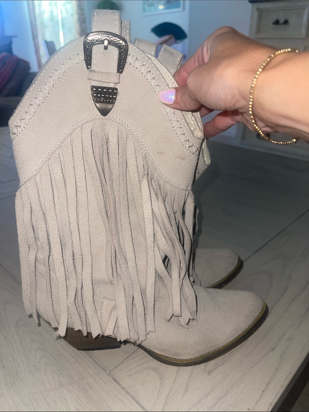 Very Volatile Light Beige Fringe Suede Ankle Boots